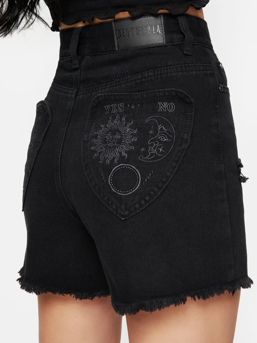 Planchette Embroidered Distressed Denim Shorts With Ouija Board Pockets